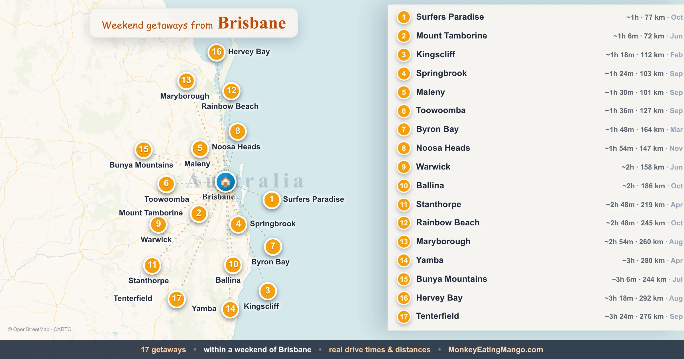 Weekend getaways from Brisbane, mapped by drive time and weekend cost