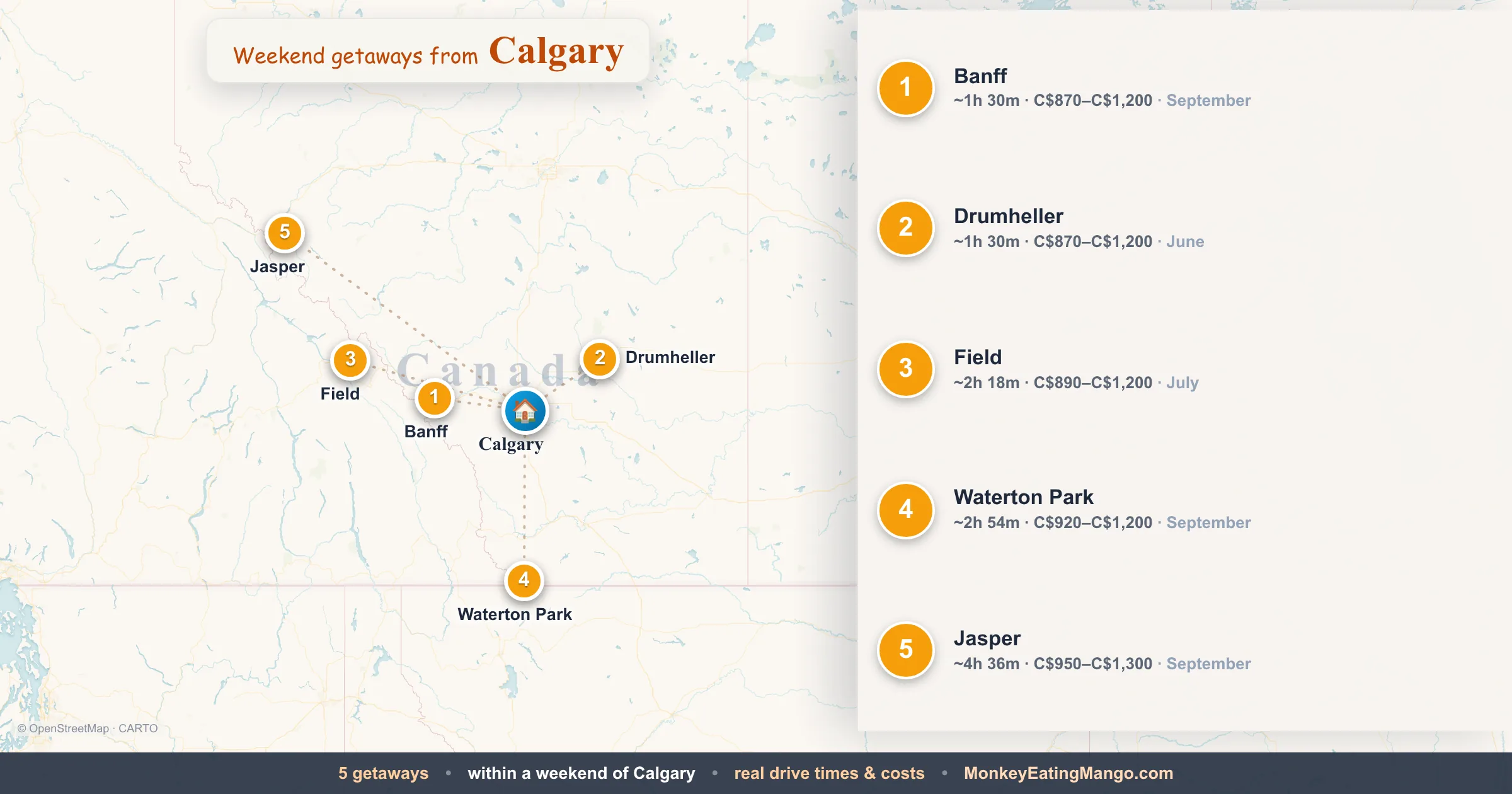 Weekend getaways from Calgary, mapped by drive time and weekend cost