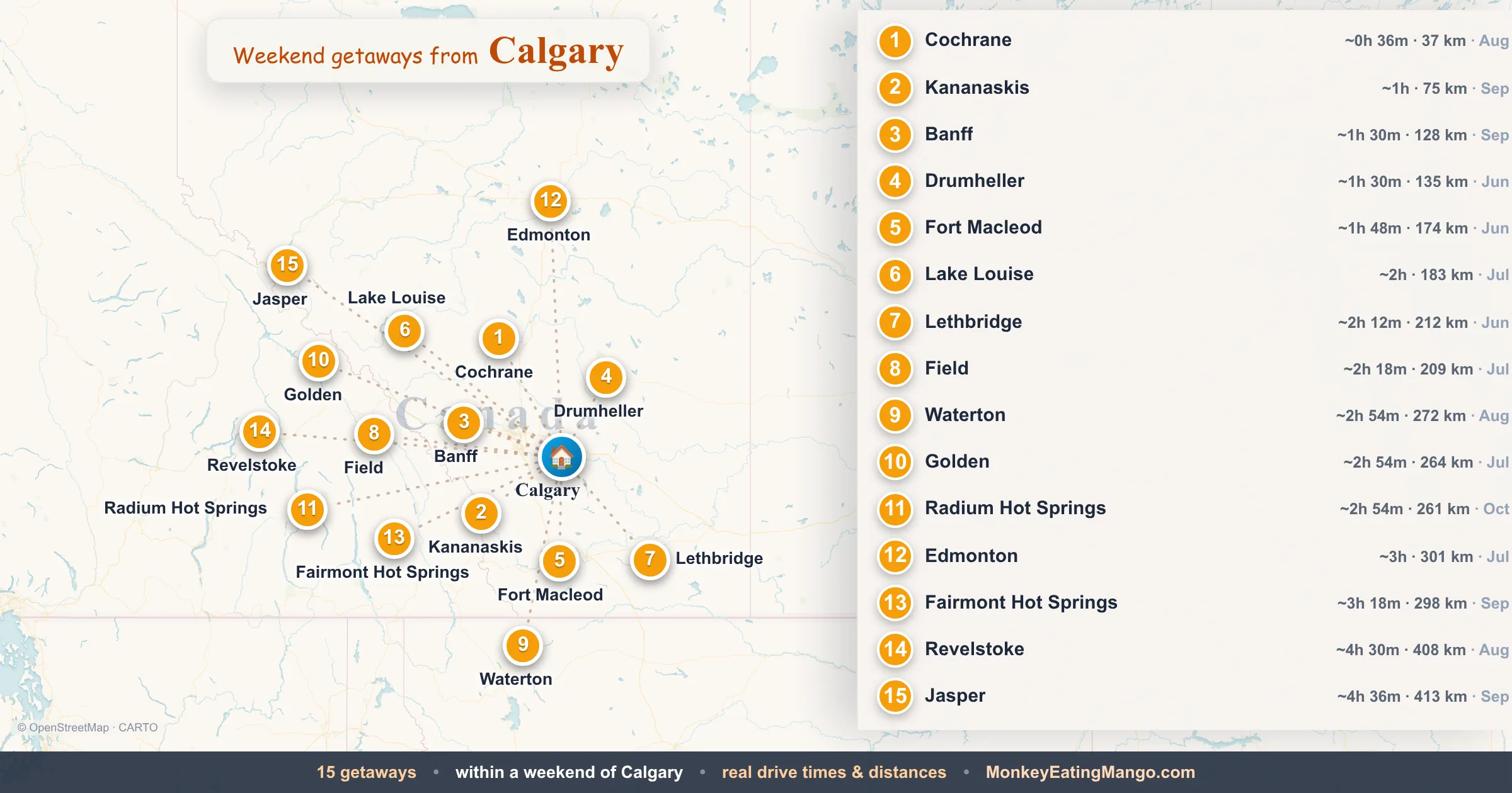 Weekend getaways from Calgary, mapped by drive time and weekend cost