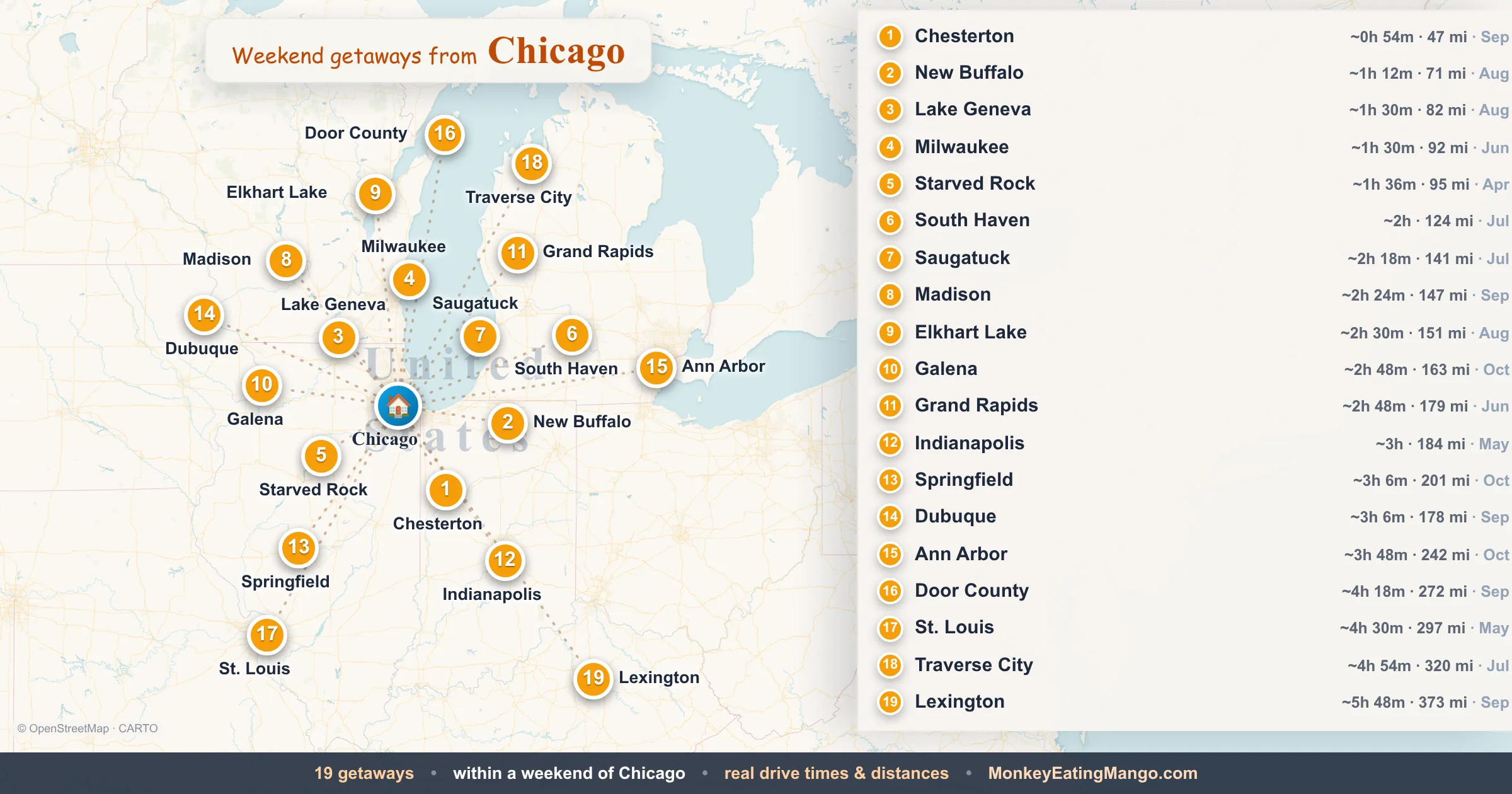 Weekend getaways from Chicago, mapped by drive time and weekend cost