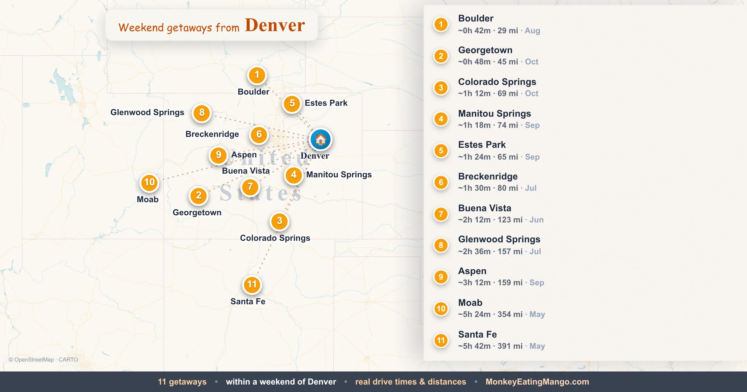 Weekend getaways from Denver, mapped by drive time and weekend cost