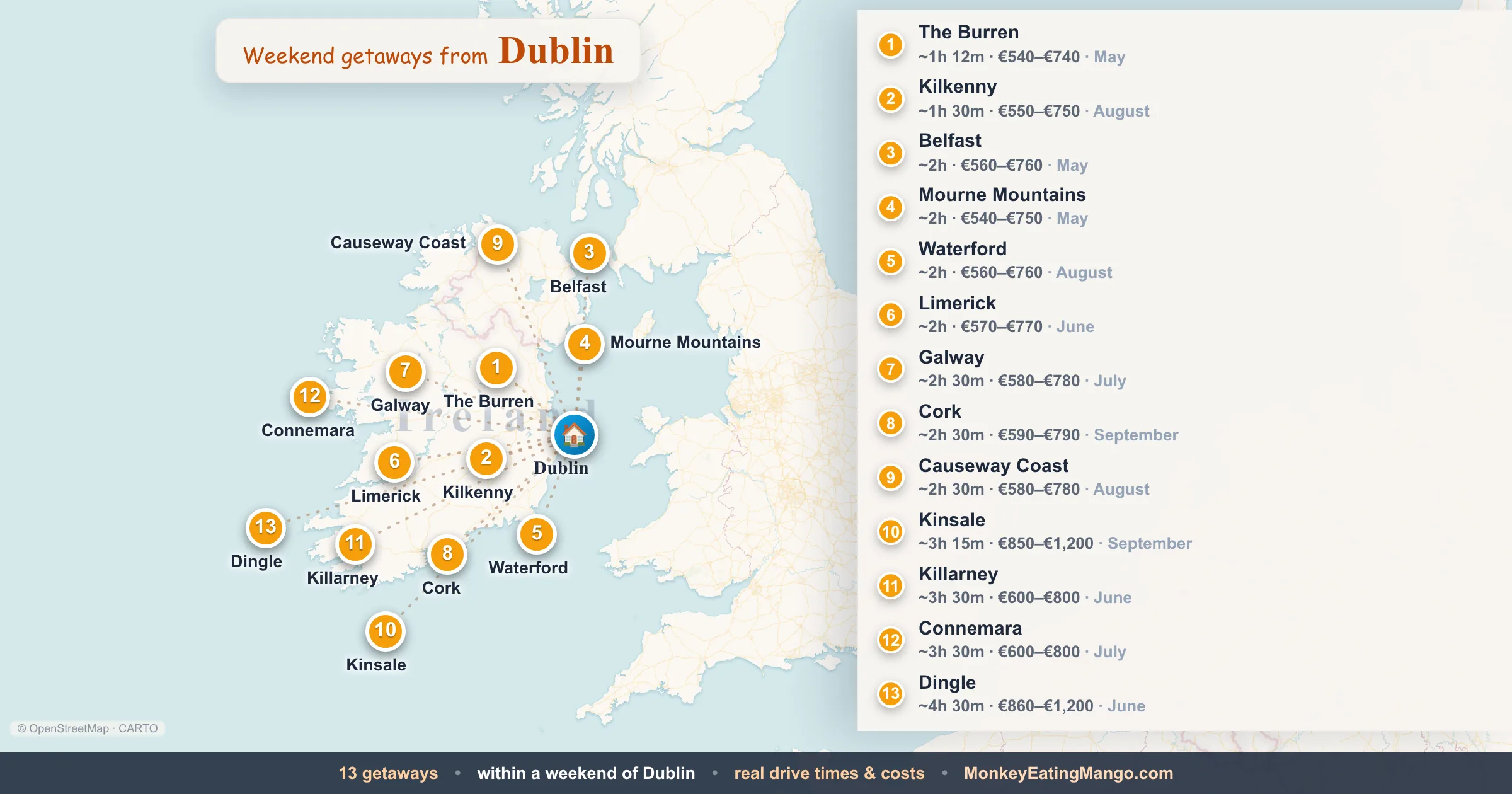 Weekend getaways from Dublin, mapped by drive time and weekend cost