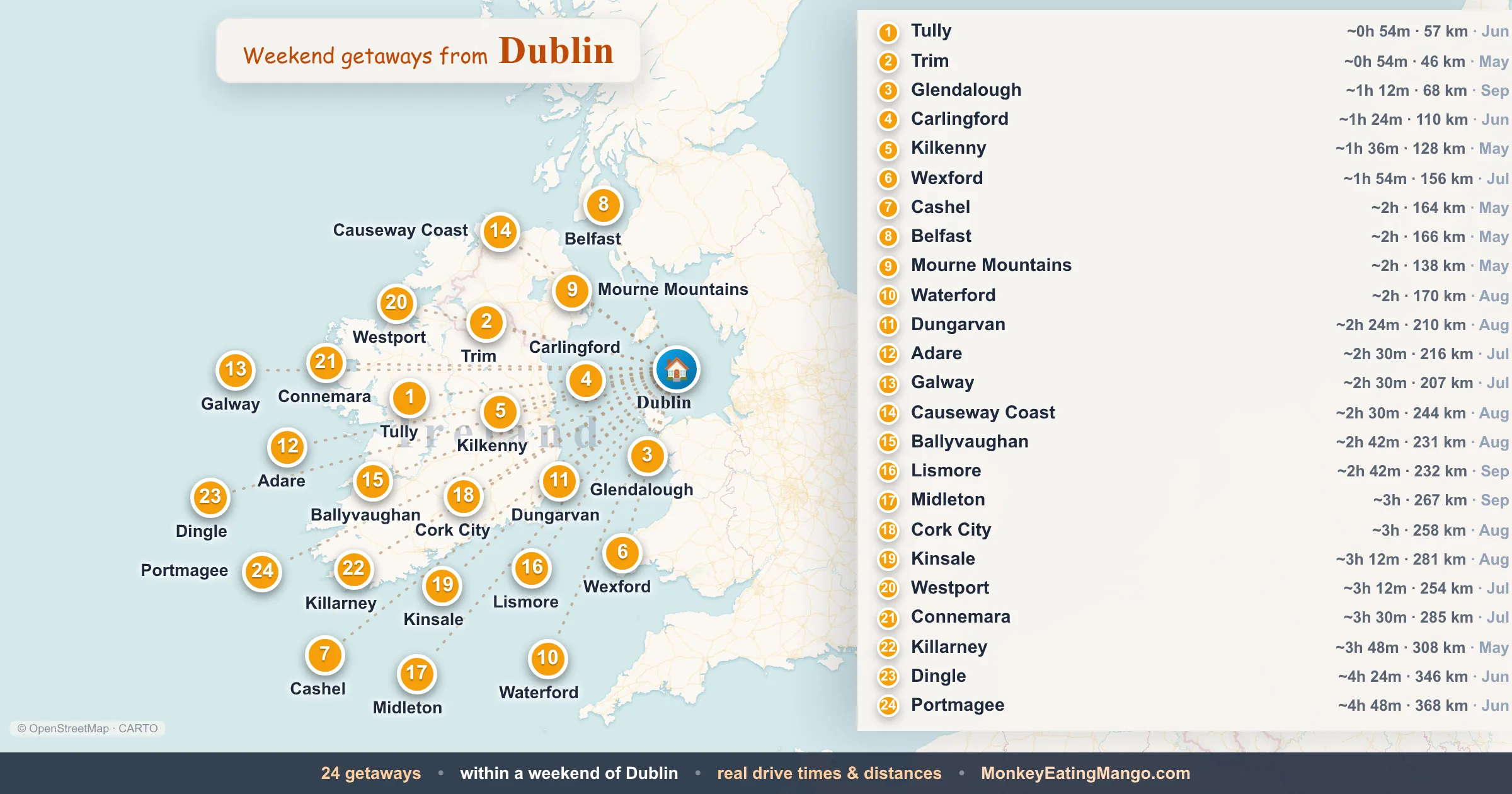 Weekend getaways from Dublin, mapped by drive time and weekend cost