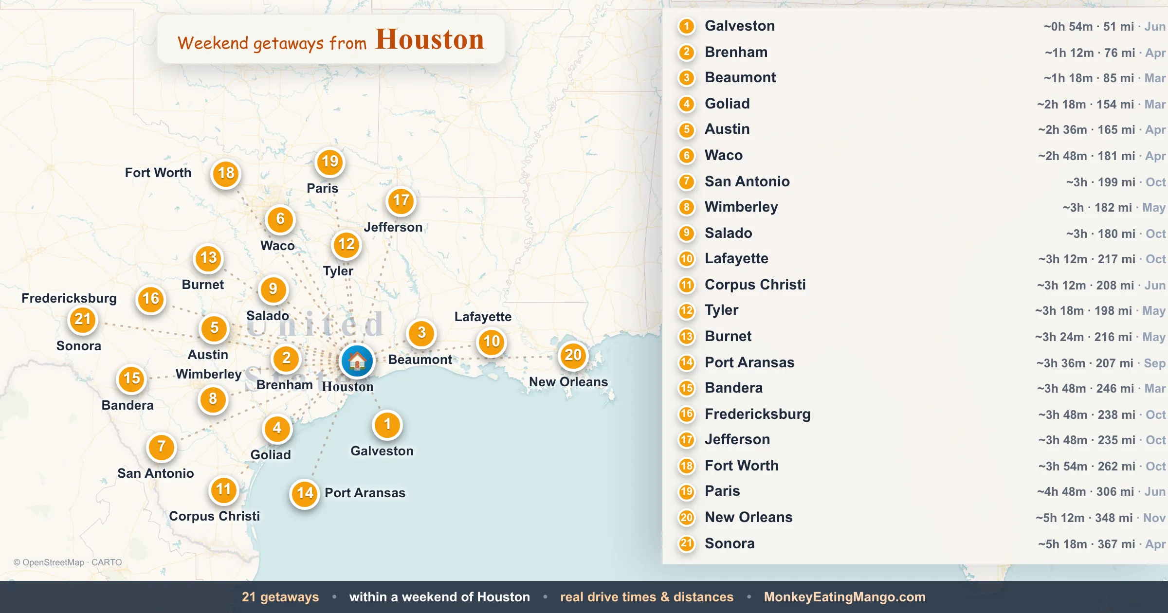 Weekend getaways from Houston, mapped by drive time and weekend cost