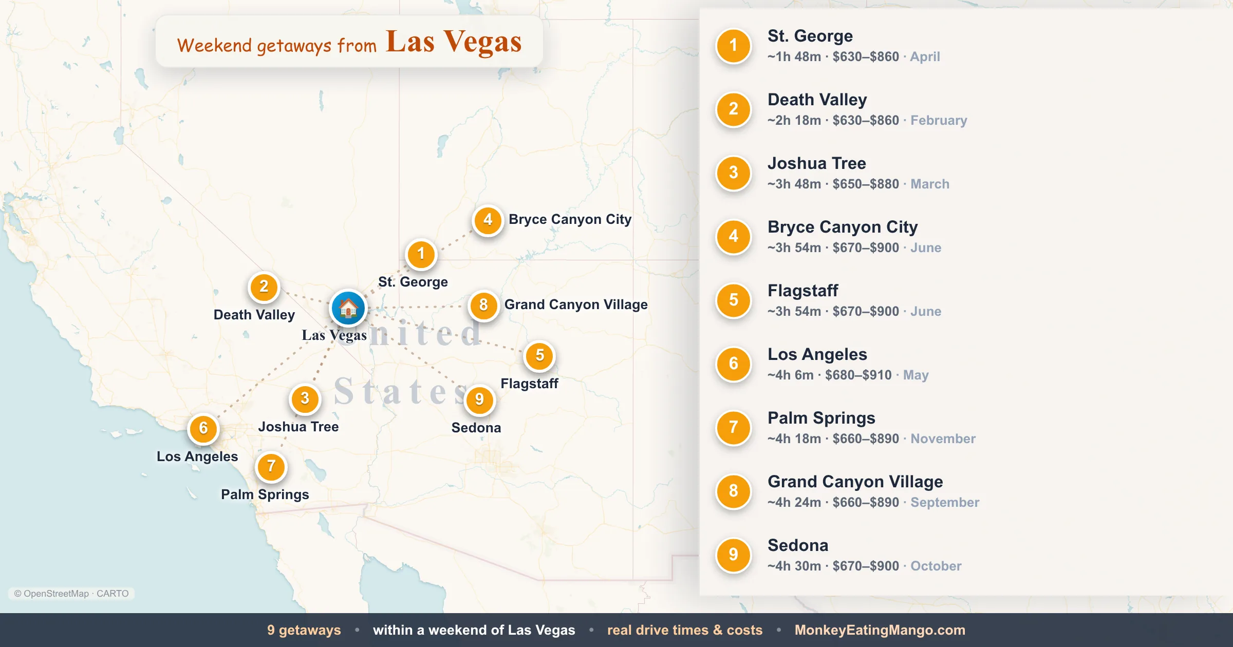 Weekend getaways from Las Vegas, mapped by drive time and weekend cost