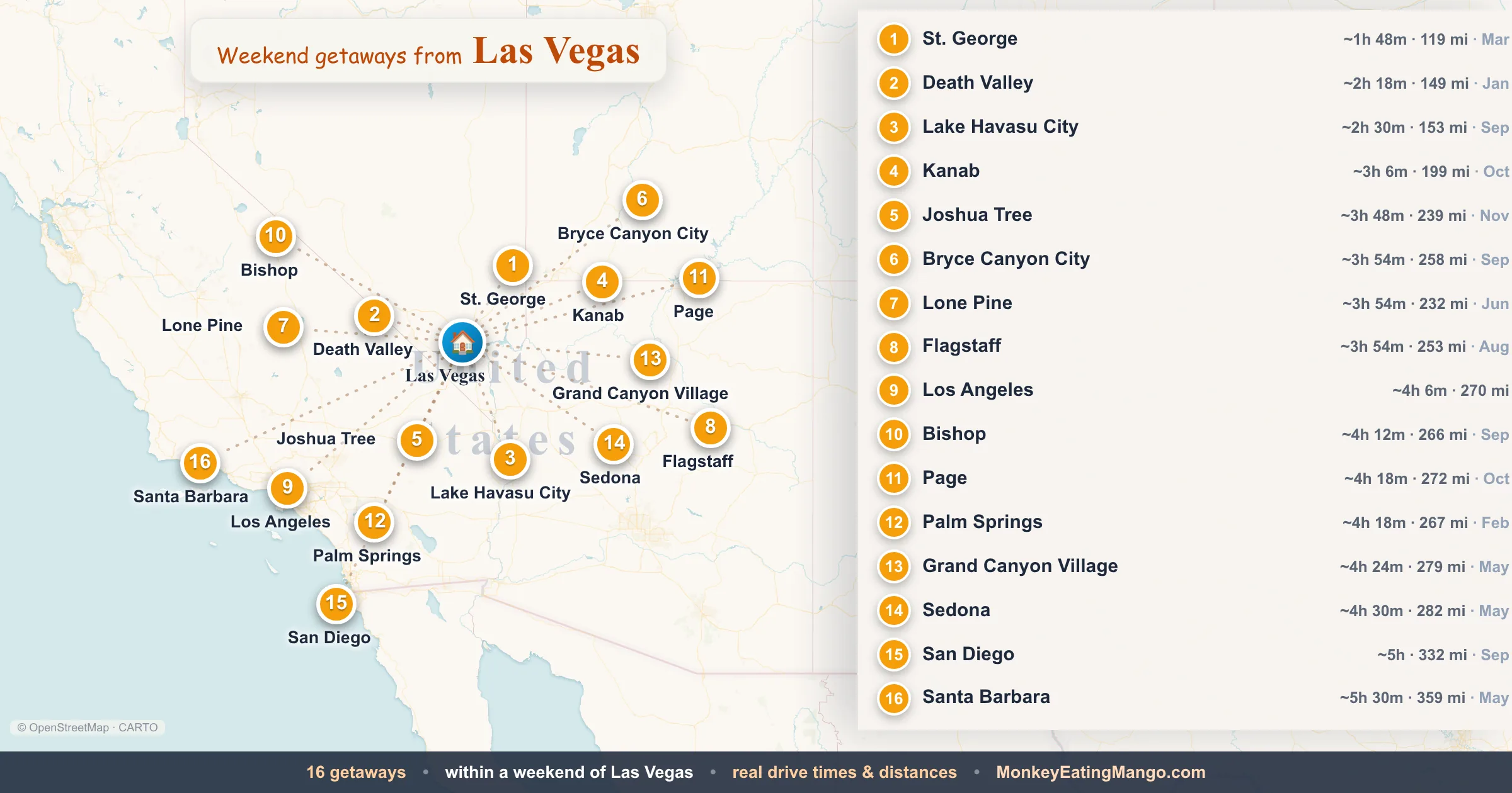 Weekend getaways from Las Vegas, mapped by drive time and weekend cost