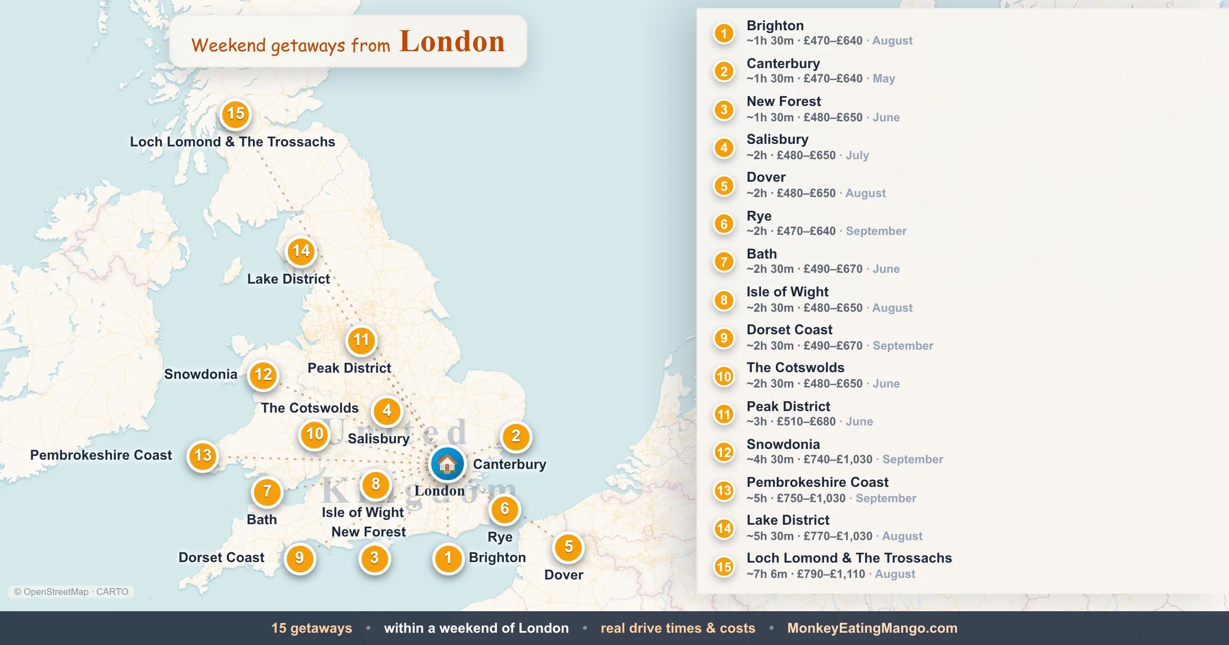 Weekend getaways from London, mapped by drive time and weekend cost
