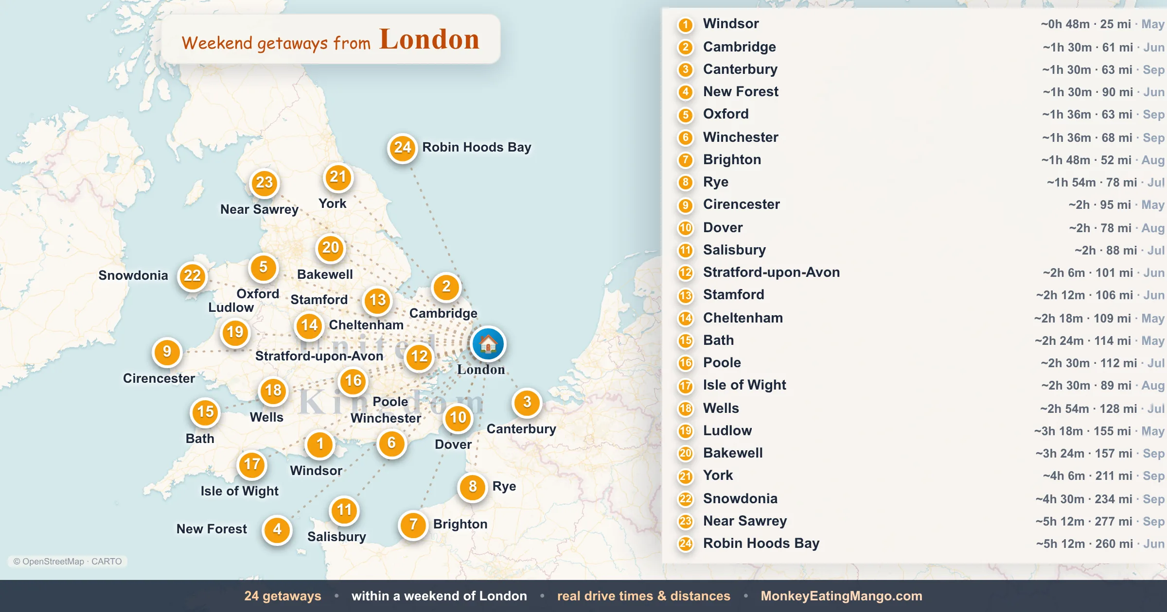 Weekend getaways from London, mapped by drive time and weekend cost