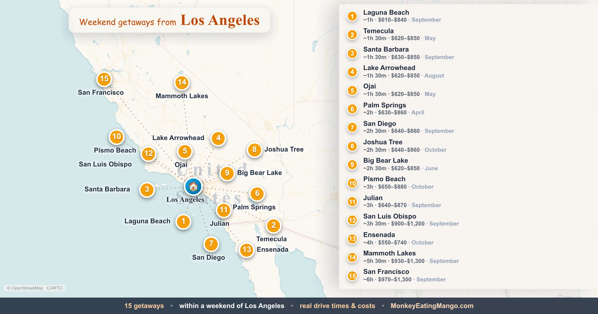 Weekend getaways from Los Angeles, mapped by drive time and weekend cost