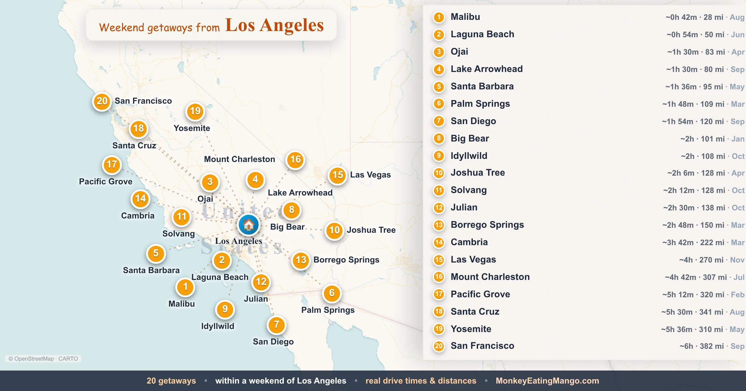 Weekend getaways from Los Angeles, mapped by drive time and weekend cost