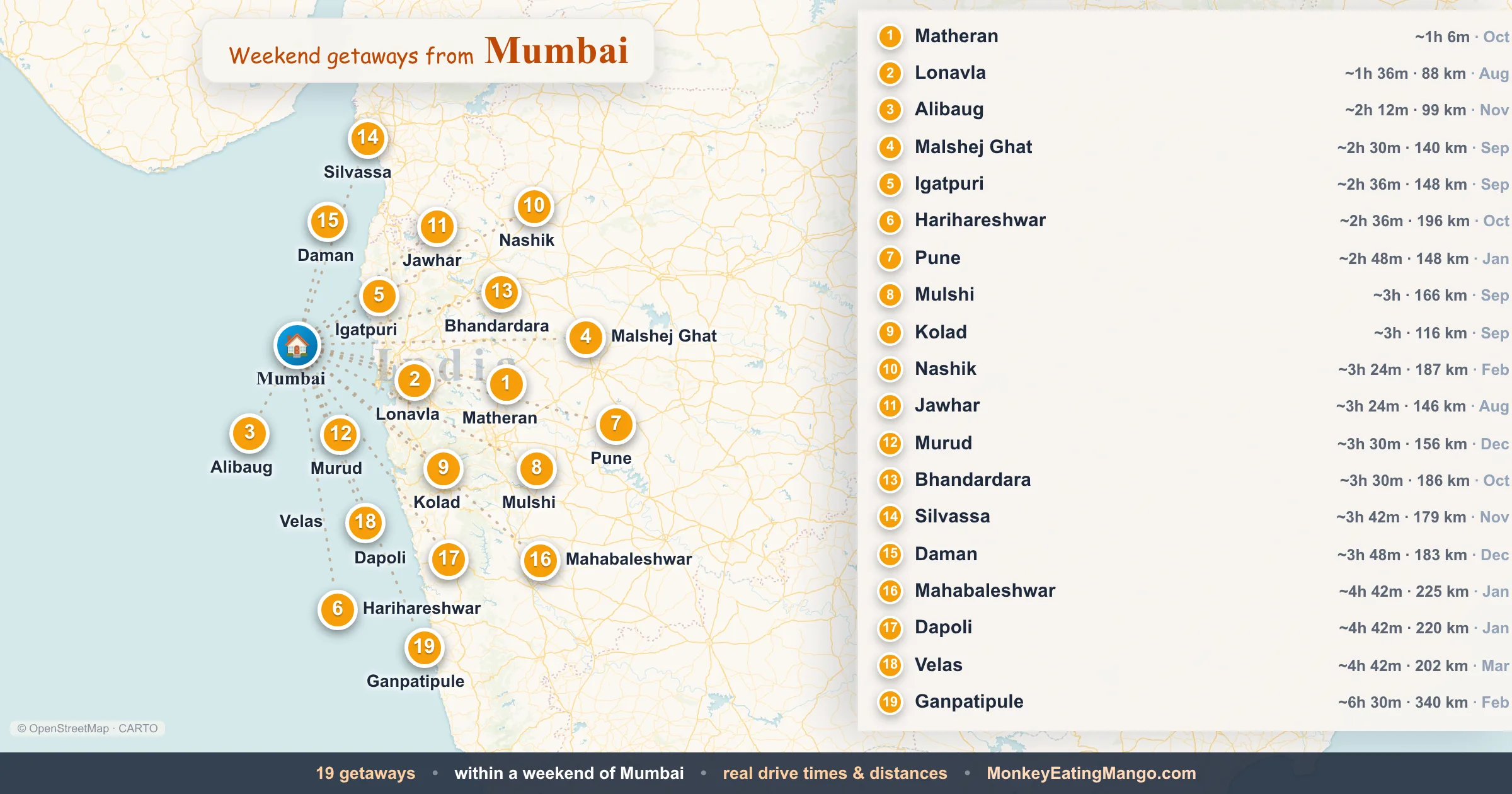 Weekend getaways from Mumbai, mapped by drive time and weekend cost