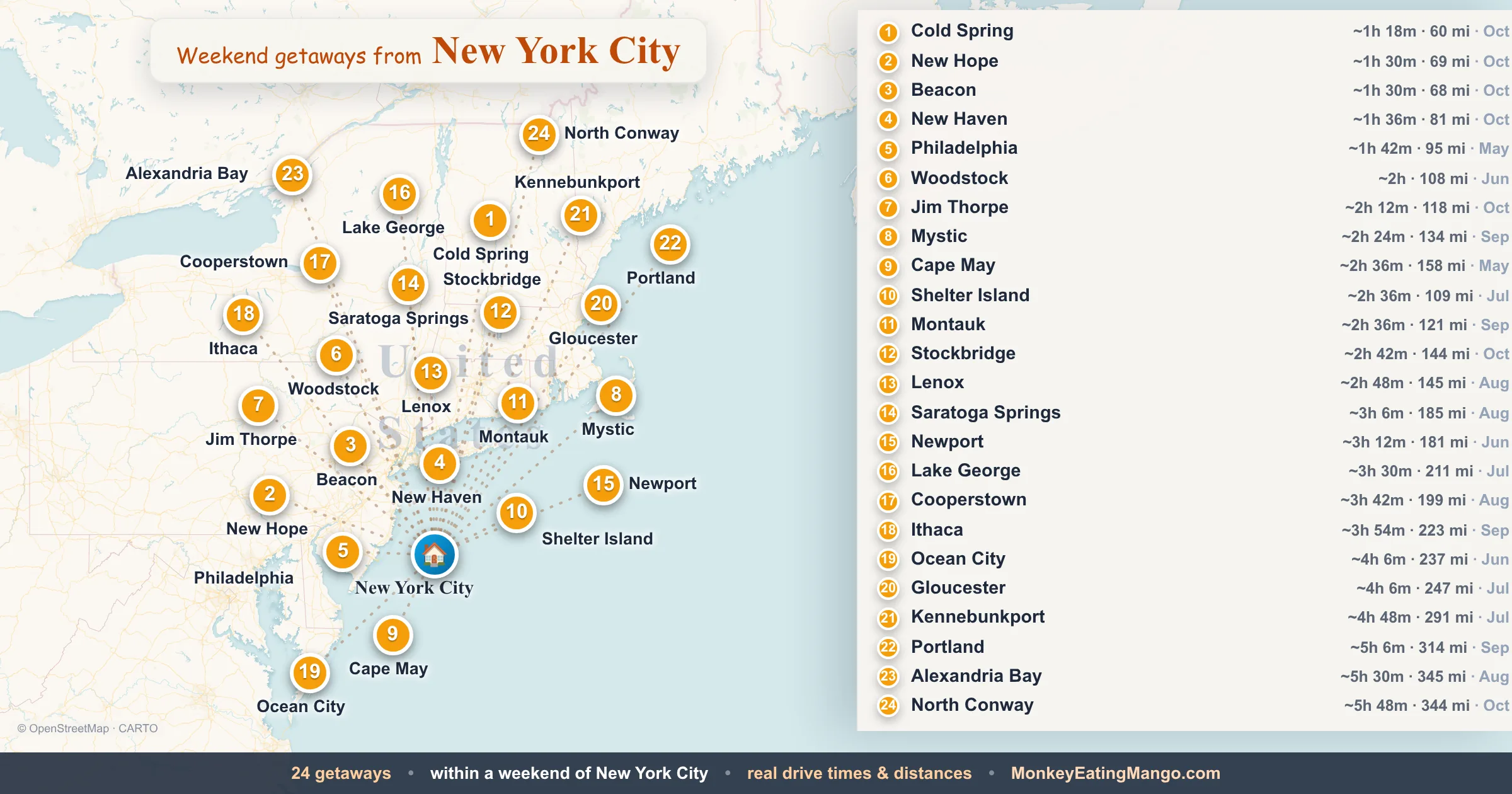 Weekend getaways from New York City, mapped by drive time and weekend cost