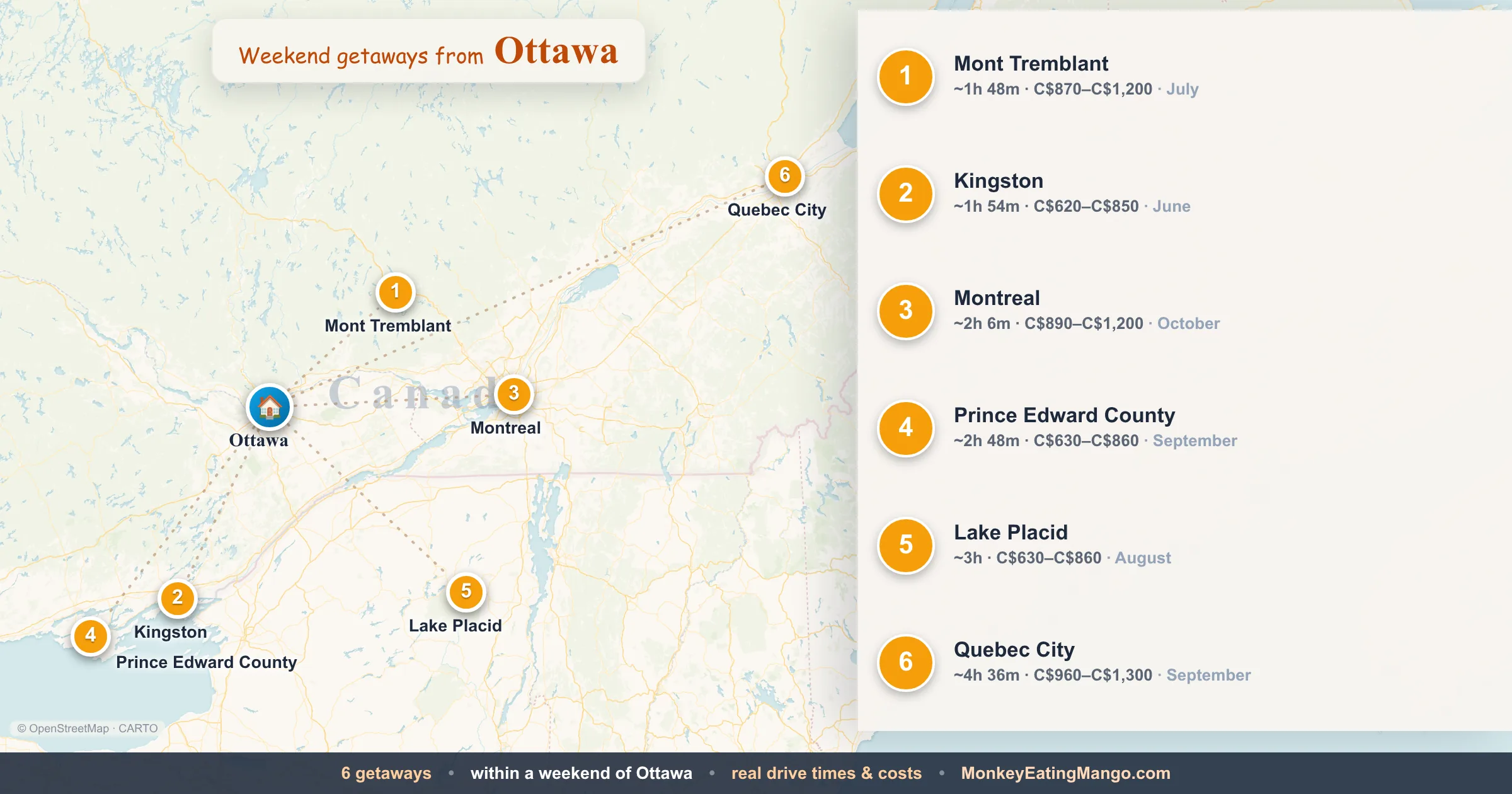 Weekend getaways from Ottawa, mapped by drive time and weekend cost
