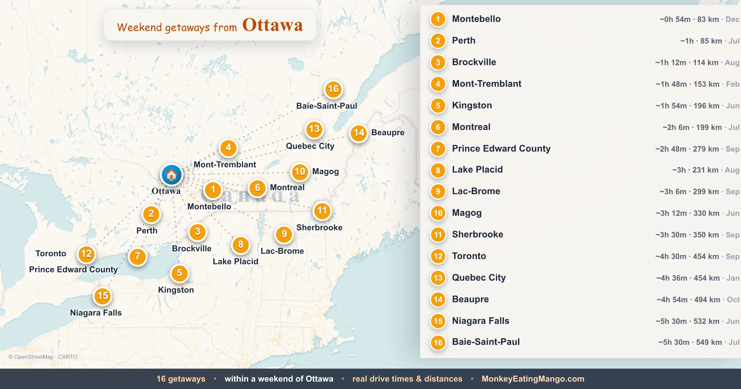 Weekend getaways from Ottawa, mapped by drive time and weekend cost