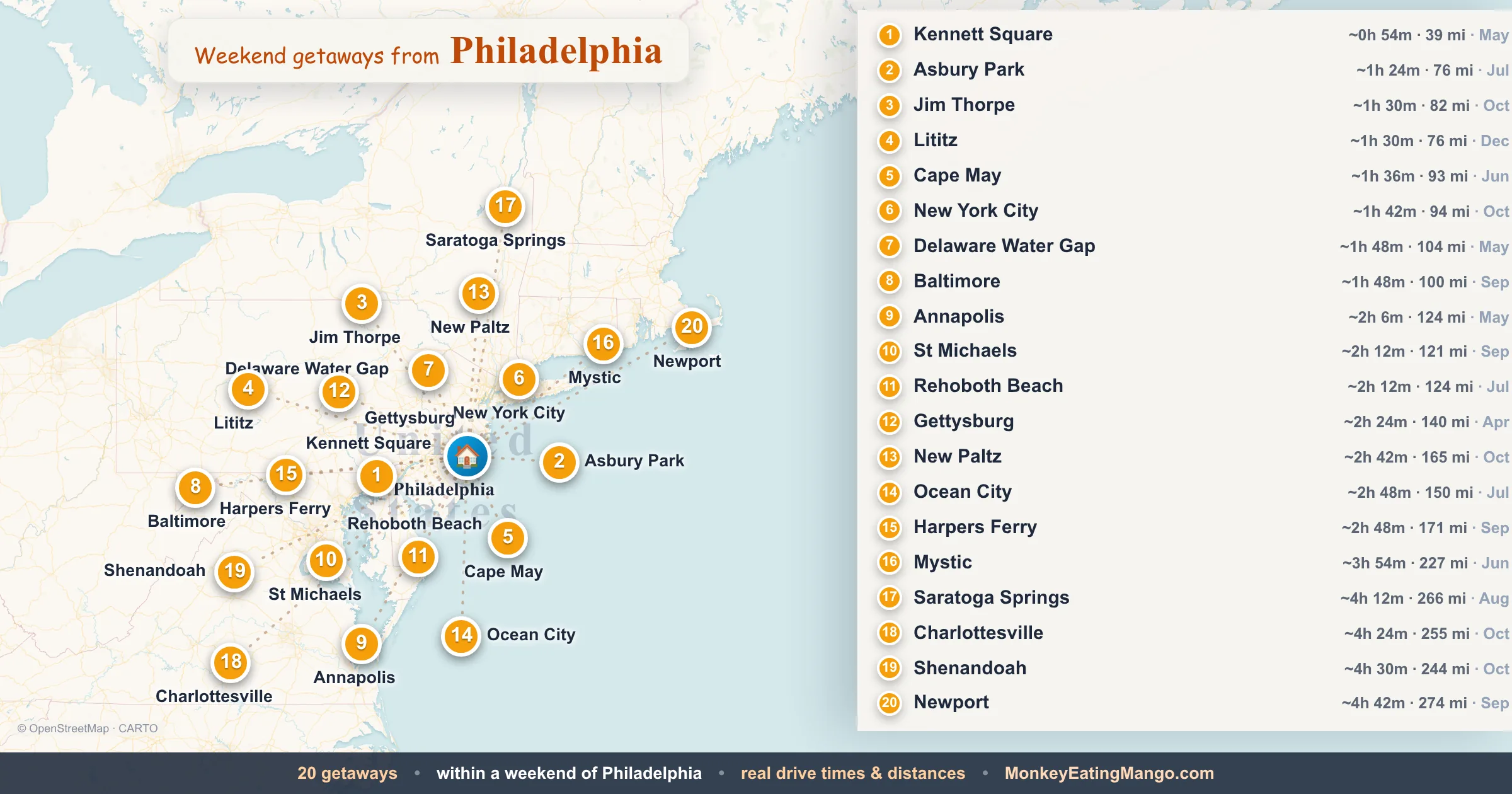 Weekend getaways from Philadelphia, mapped by drive time and weekend cost