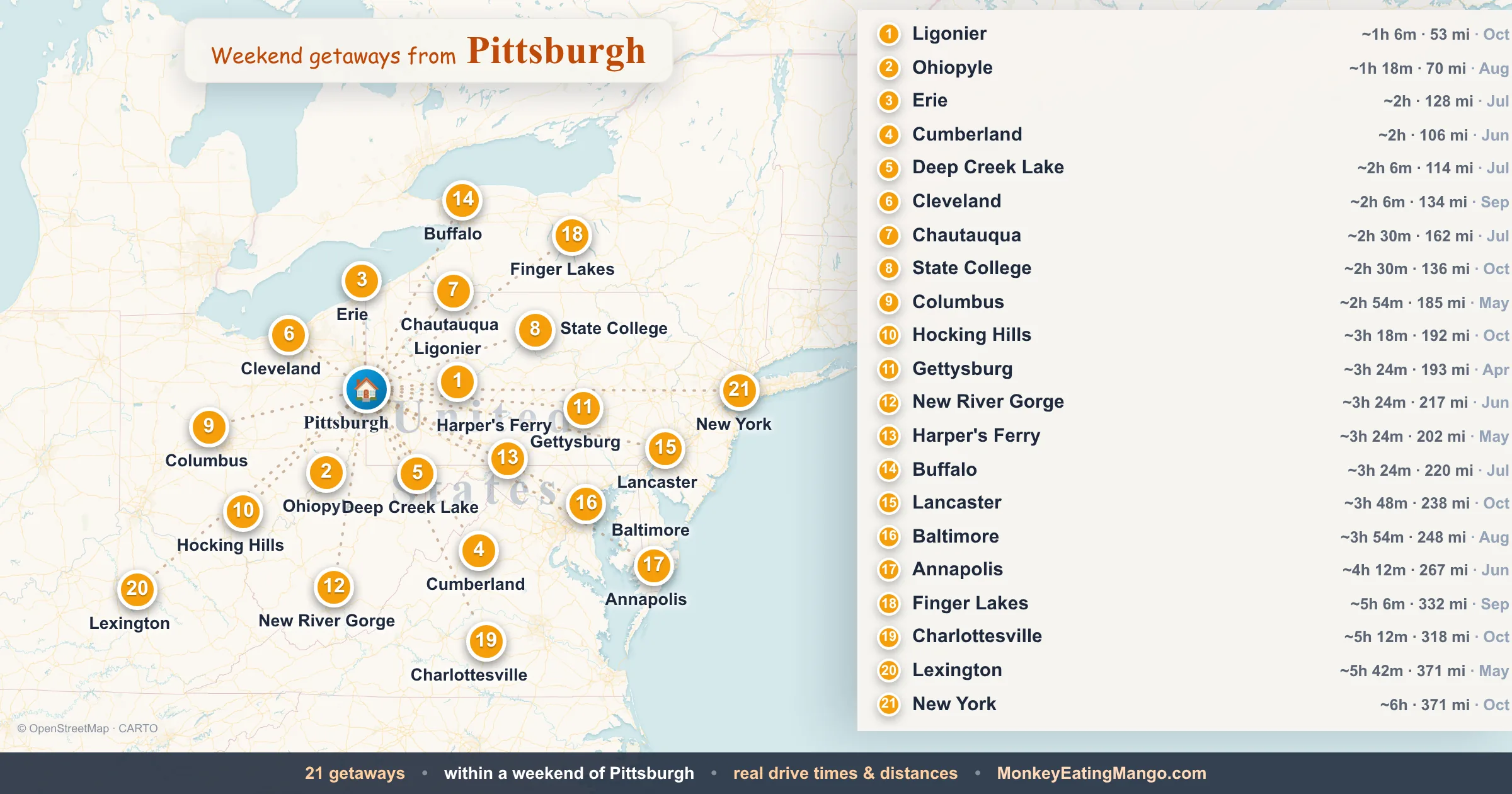 Weekend getaways from Pittsburgh, mapped by drive time and weekend cost