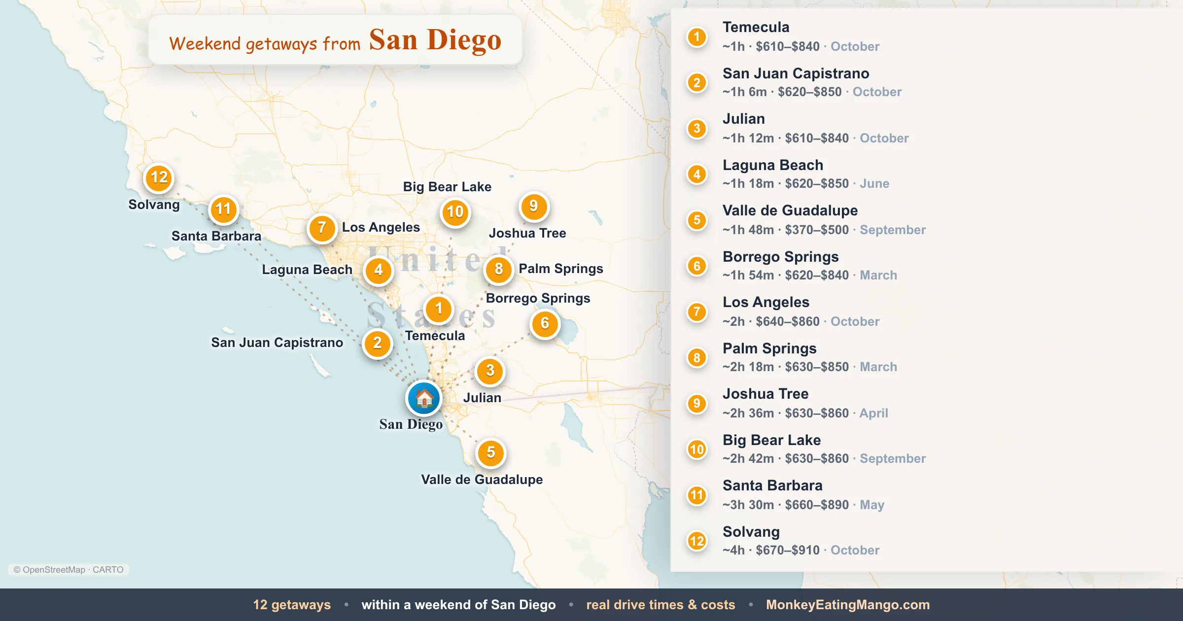 Weekend getaways from San Diego, mapped by drive time and weekend cost