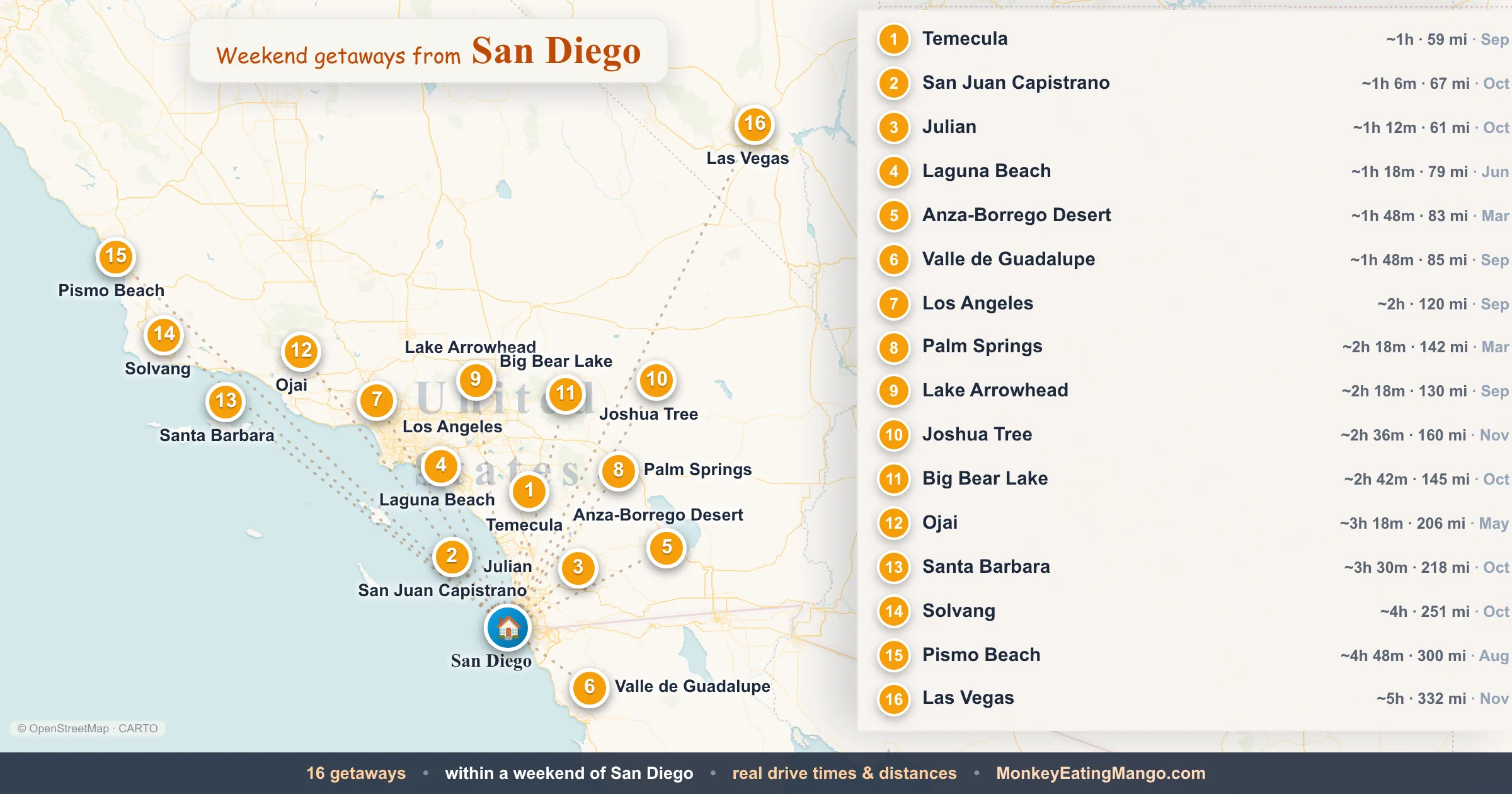 Weekend getaways from San Diego, mapped by drive time and weekend cost