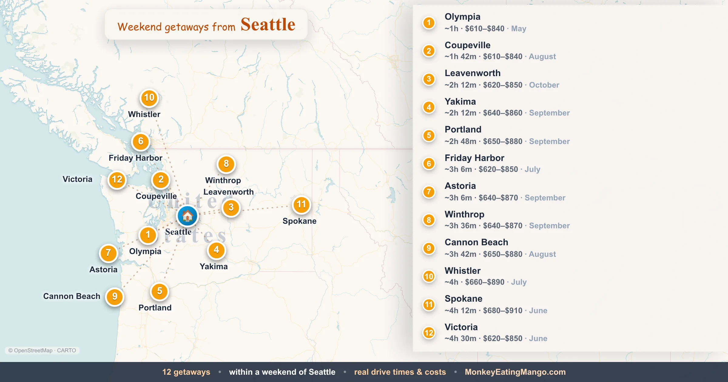 Weekend getaways from Seattle, mapped by drive time and weekend cost