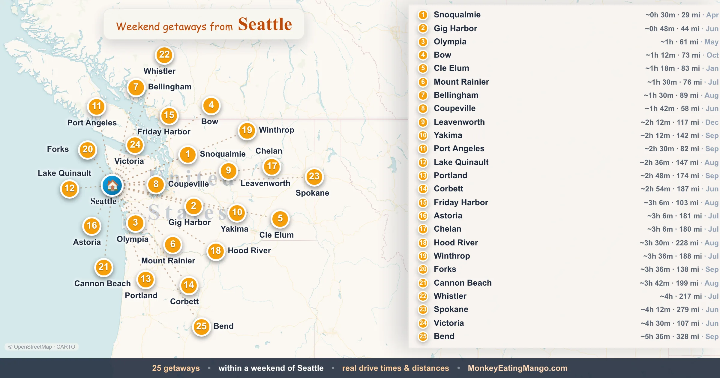 Weekend getaways from Seattle, mapped by drive time and weekend cost