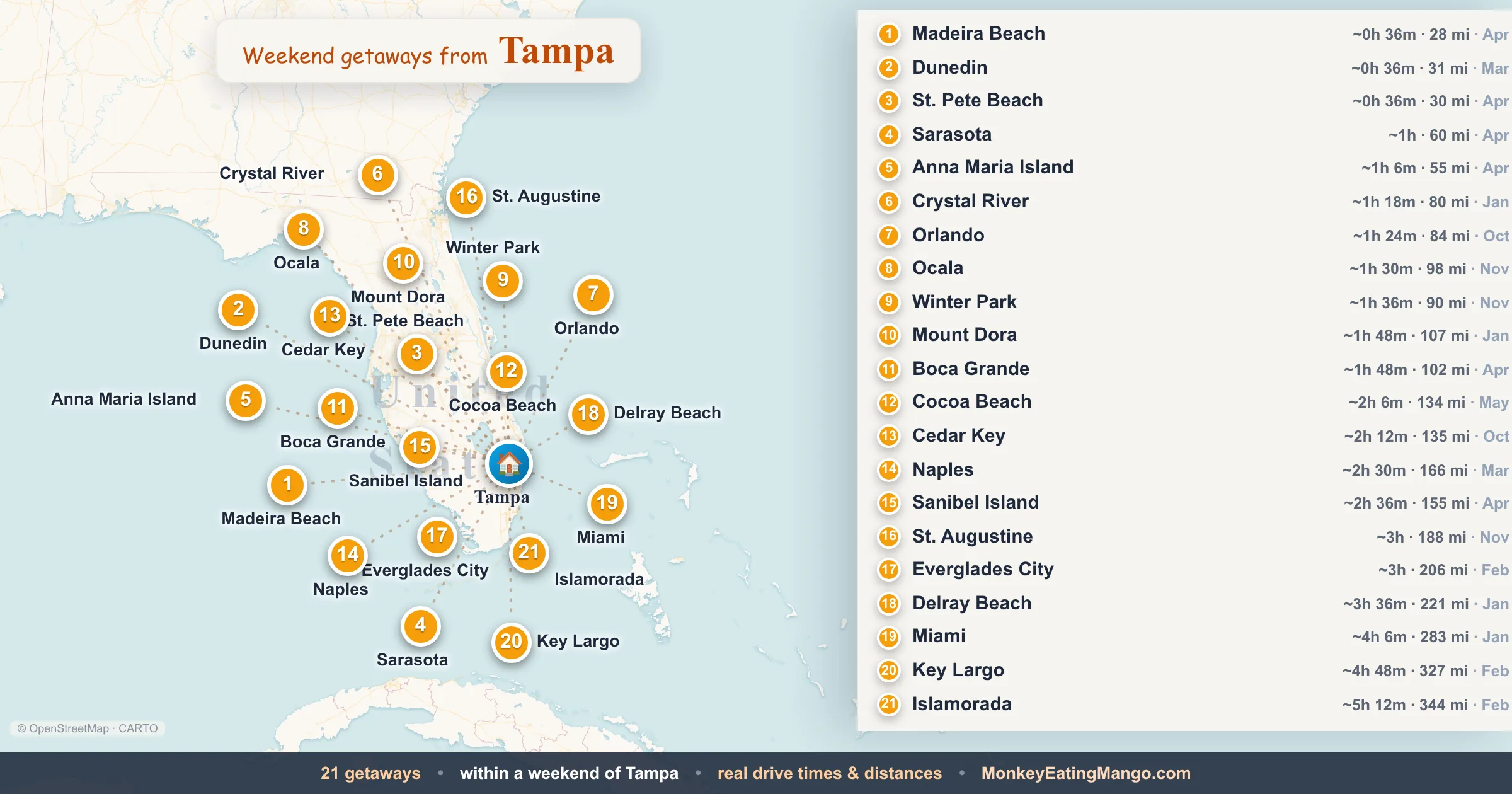 Weekend getaways from Tampa, mapped by drive time and weekend cost