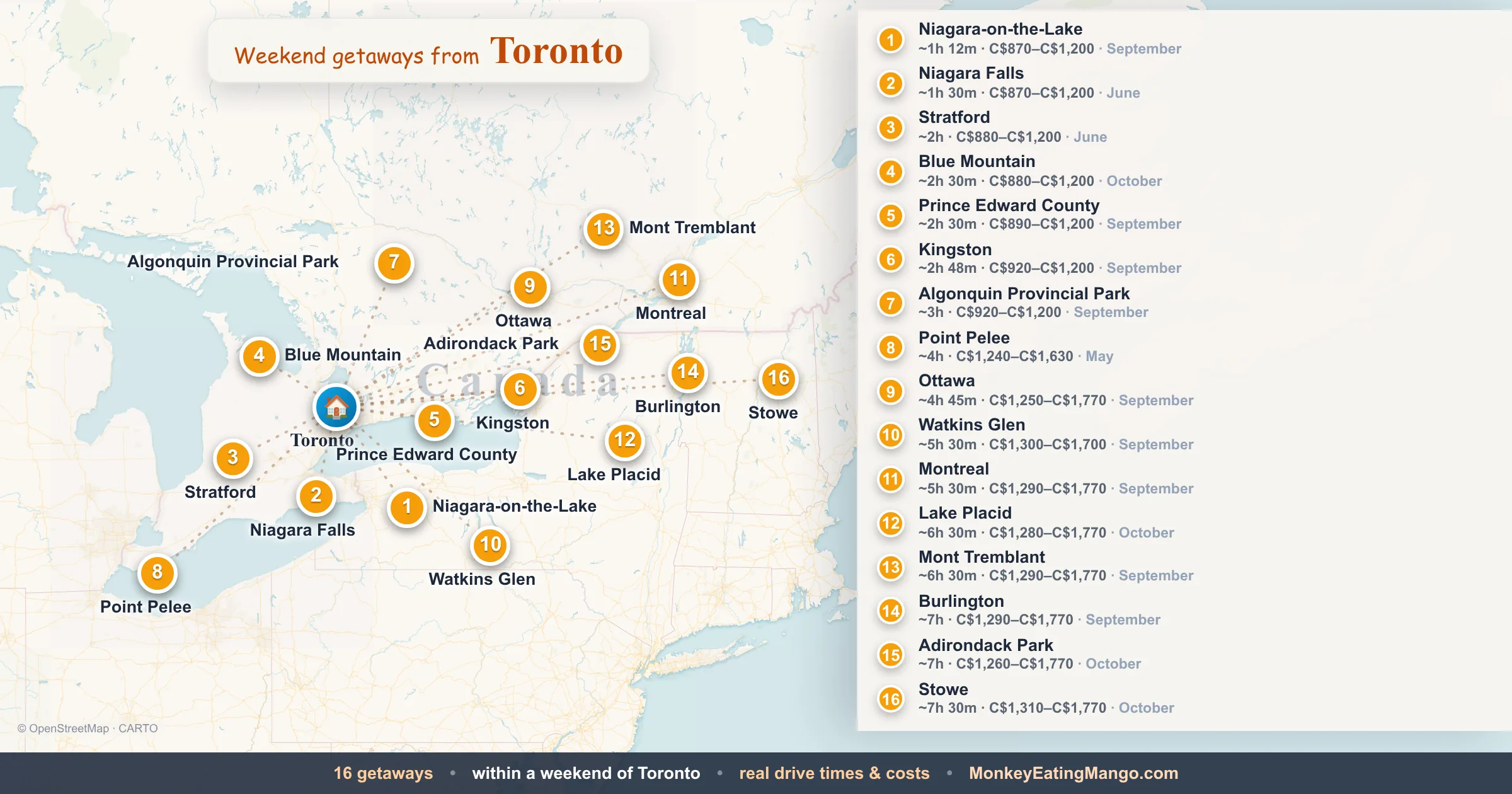 Weekend getaways from Toronto, mapped by drive time and weekend cost