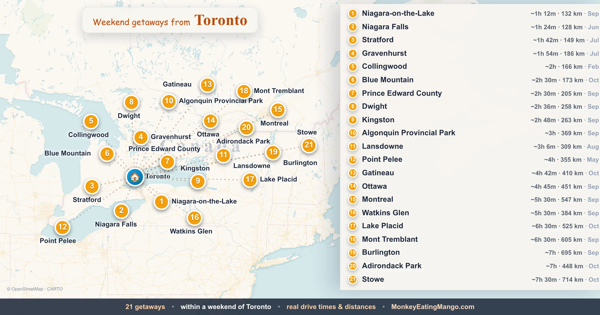 Weekend getaways from Toronto, mapped by drive time and weekend cost