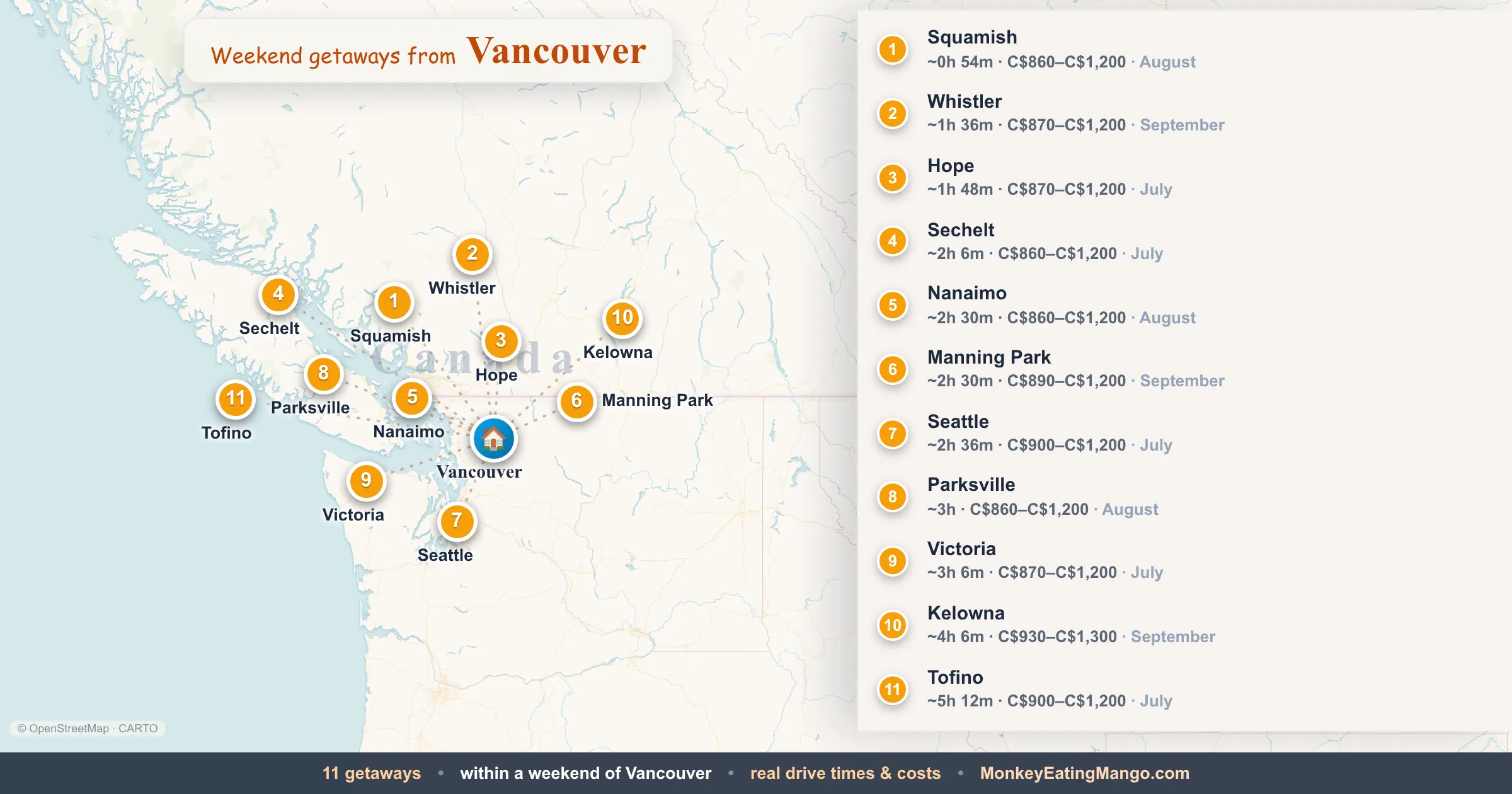 Weekend getaways from Vancouver, mapped by drive time and weekend cost