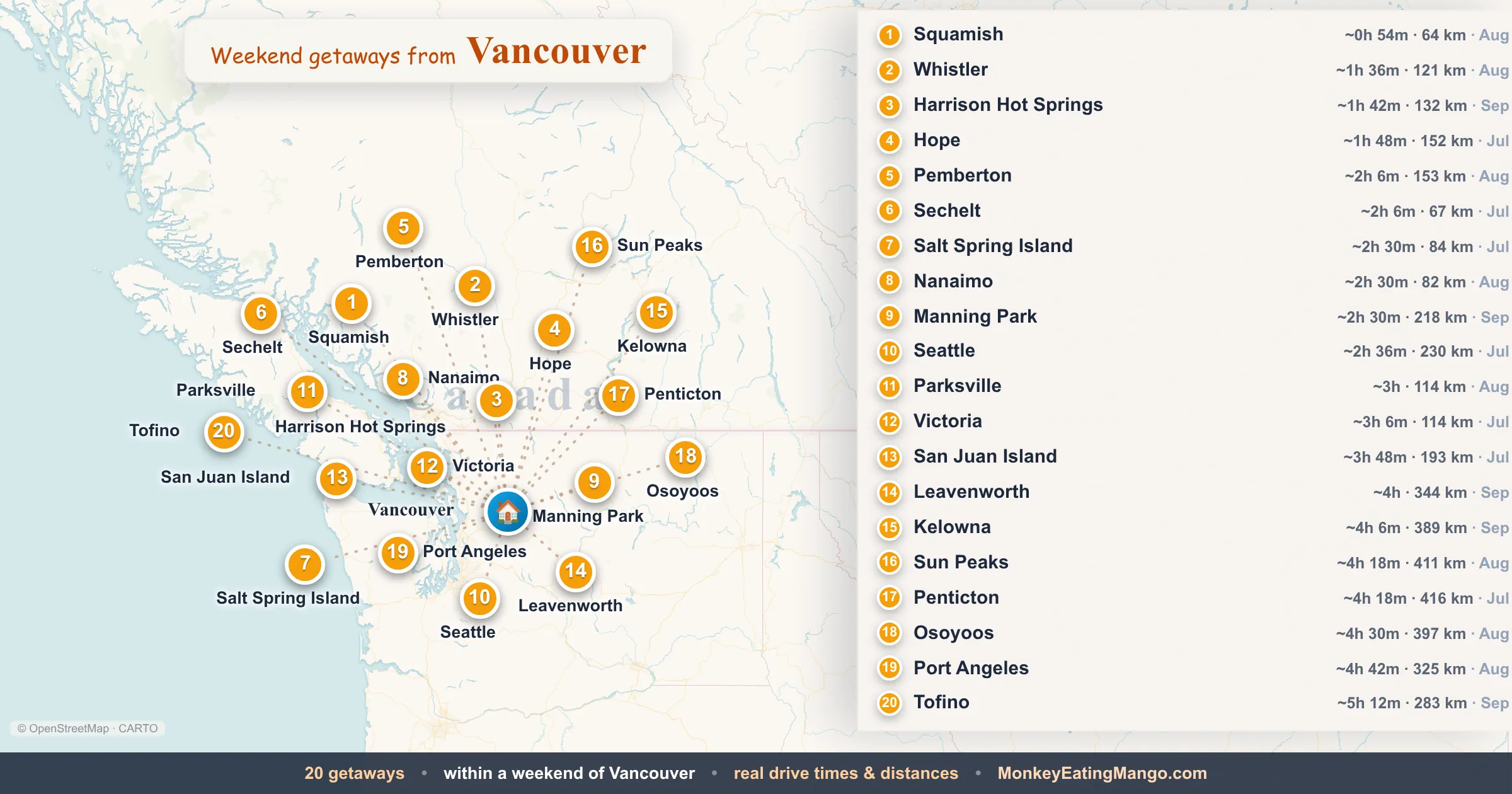 Weekend getaways from Vancouver, mapped by drive time and weekend cost