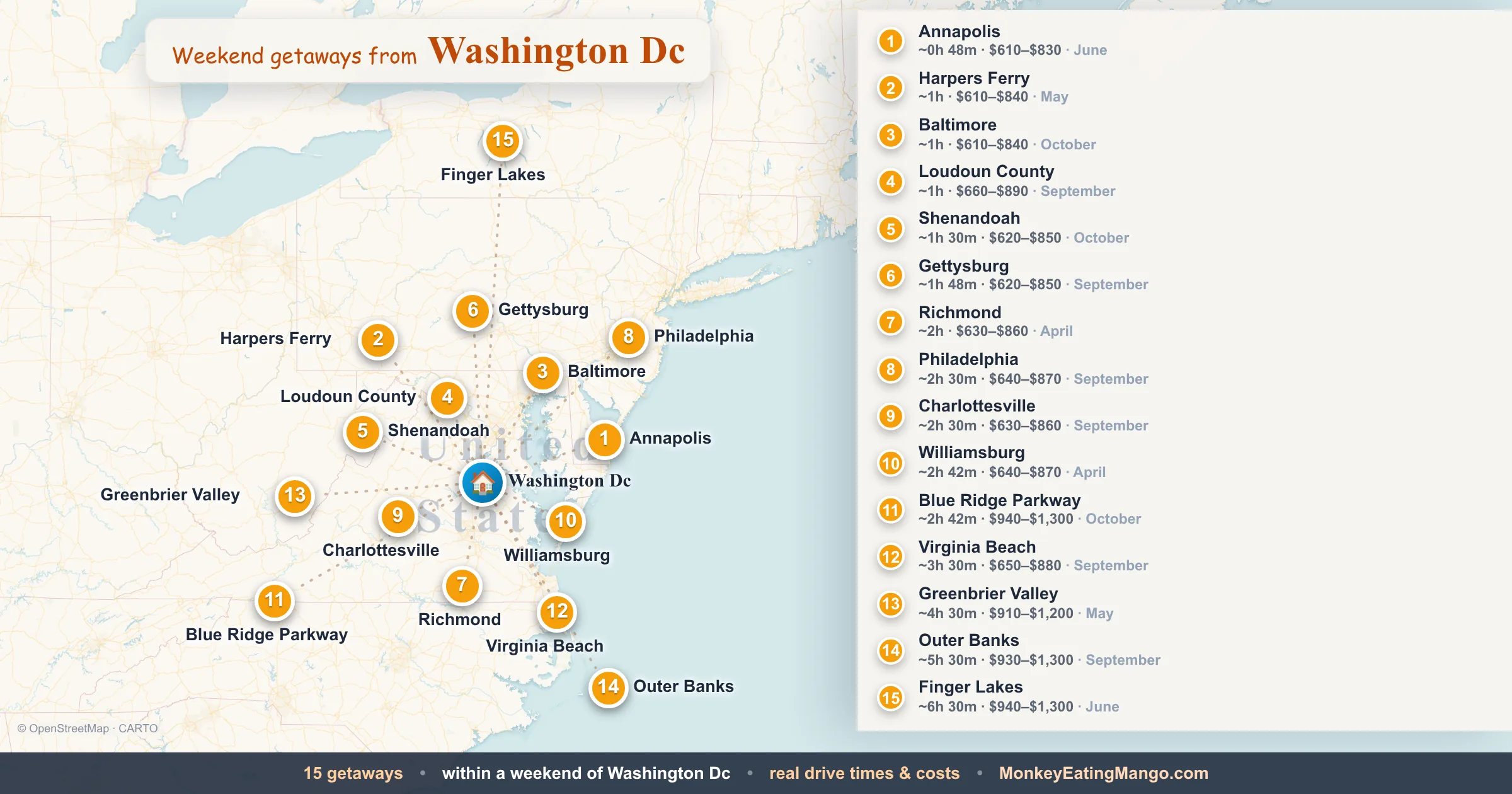 Weekend getaways from Washington Dc, mapped by drive time and weekend cost