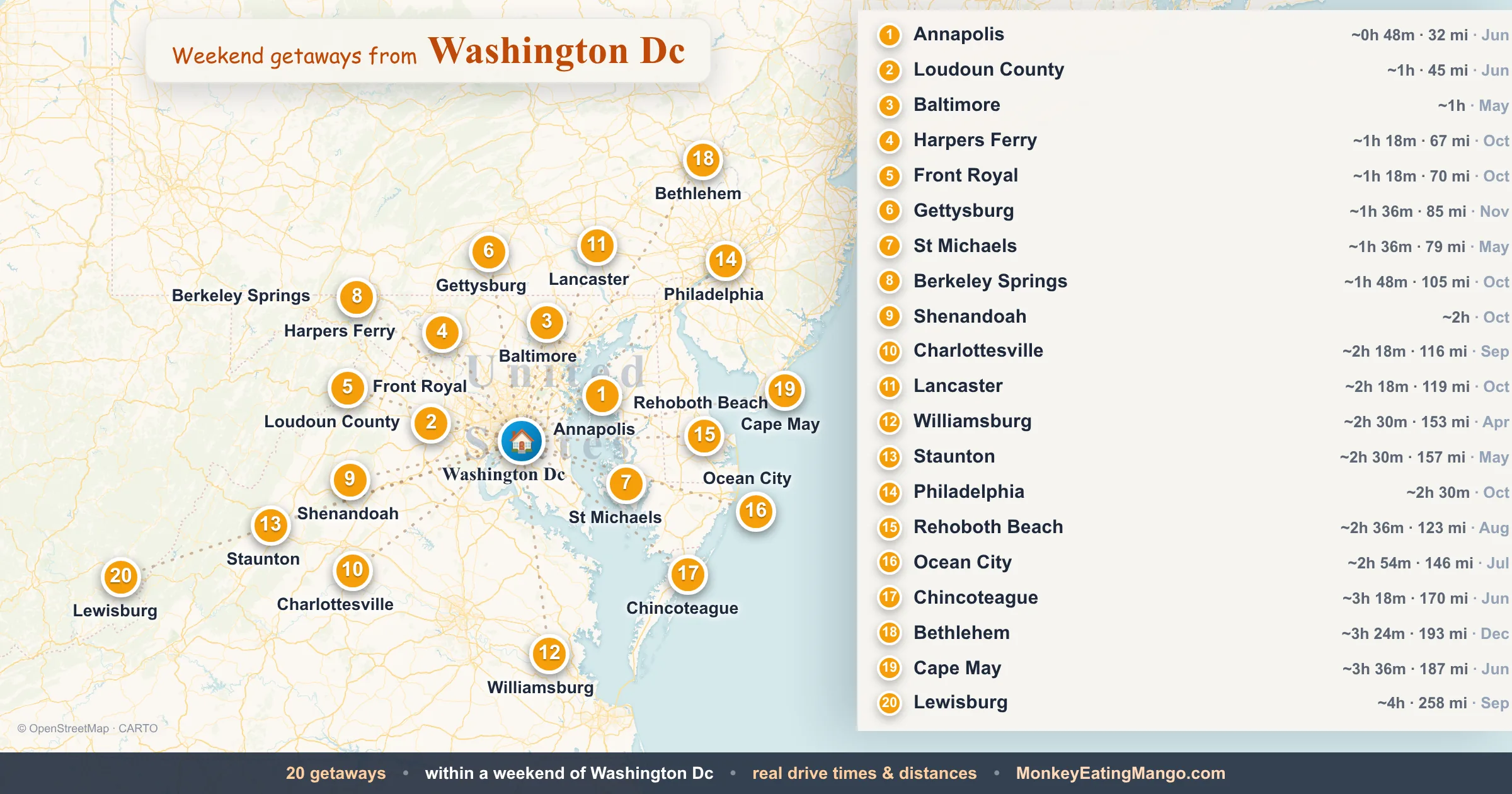 Weekend getaways from Washington Dc, mapped by drive time and weekend cost