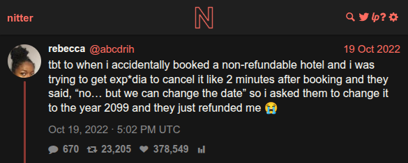 @abcdrih tweet about non-refundable hotel booking