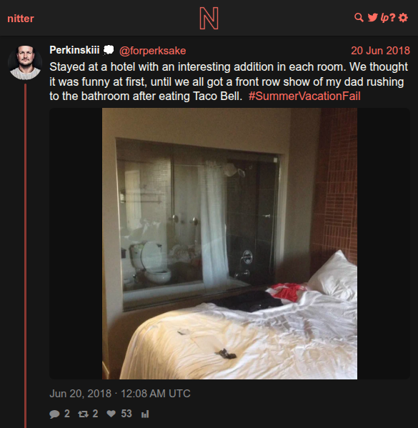 @adrunkteacher tweet about hotel glass bathroom door