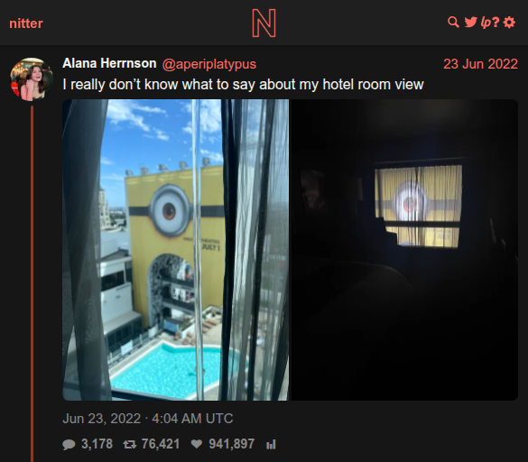 @aperiplatypus tweet about disappointing hotel room view