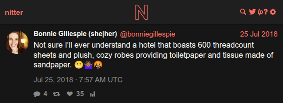 @bonniegillespie tweet about hotel thread count vs toilet paper