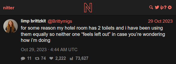 @Brittymigs tweet about hotel room with two toilets