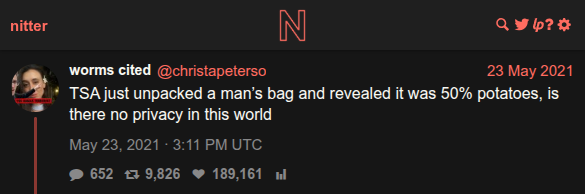 @christapeterso tweet about TSA unpacking a bag of 50% potatoes