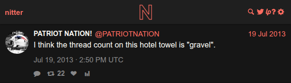 @PATRIOTNATlON tweet about hotel towel thread count