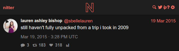 @sbellelauren tweet about still not unpacking from 2009