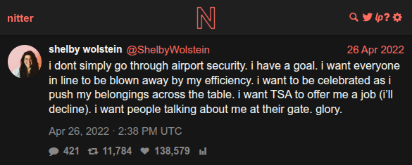 @ShelbyWolstein tweet about wanting TSA to celebrate her efficiency