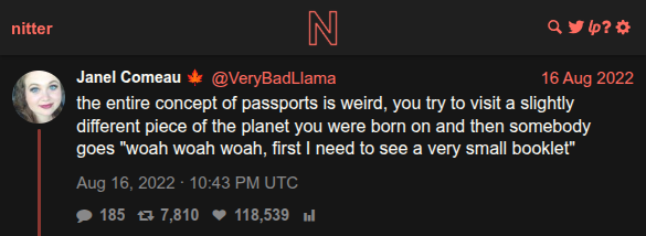 @VeryBadLlama tweet about passports being a weird concept