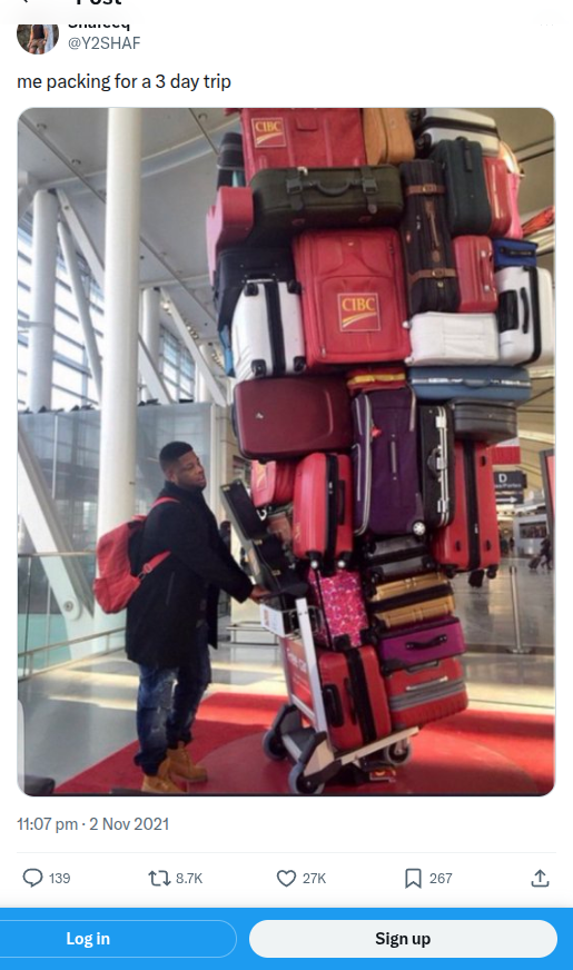 @Y2SHAF tweet about overpacking