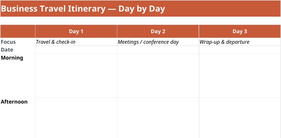 Business travel itinerary template day planner with travel, meetings and departure days