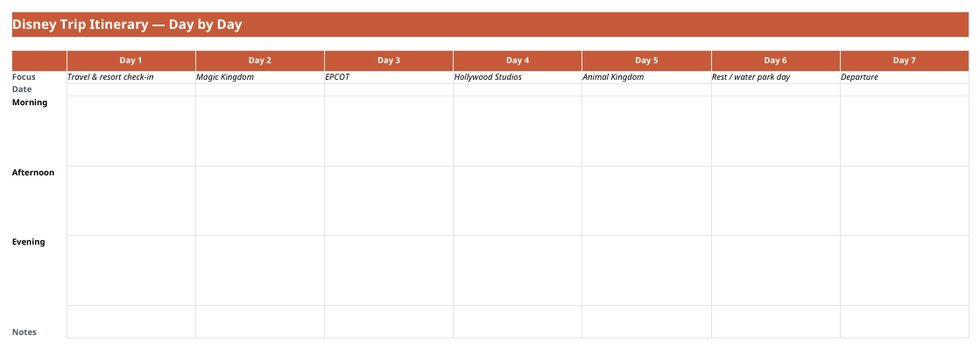 Disney itinerary template day planner with a column per park across seven days