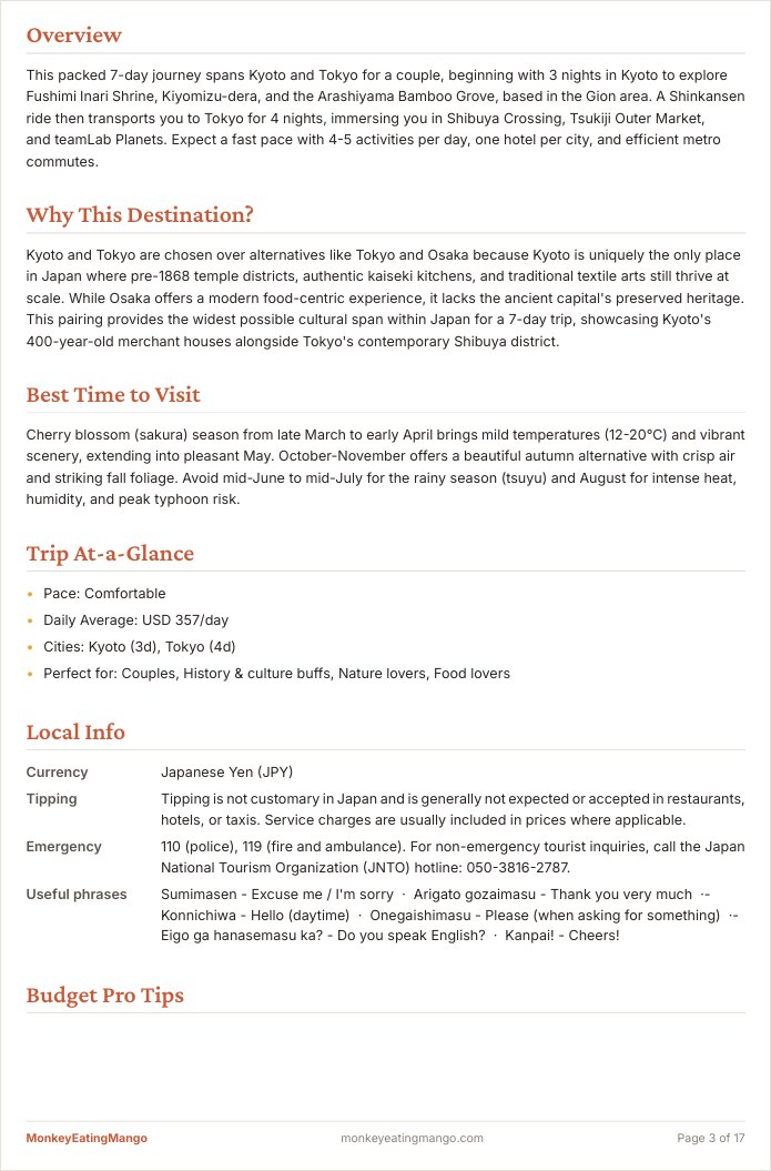 A travel itinerary overview with trip summary, pace and budget