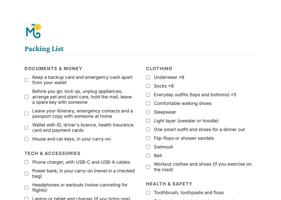 Printable packing list template PDF with two columns of tick boxes grouped by category