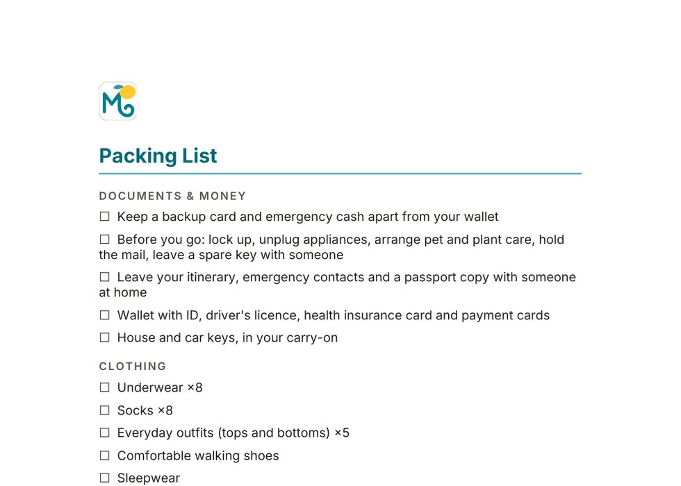 Packing list template in Word with clickable checkboxes by category