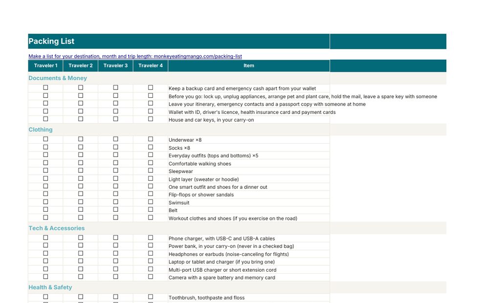 Packing list template in Excel with four traveler tick columns and a link to the packing list generator