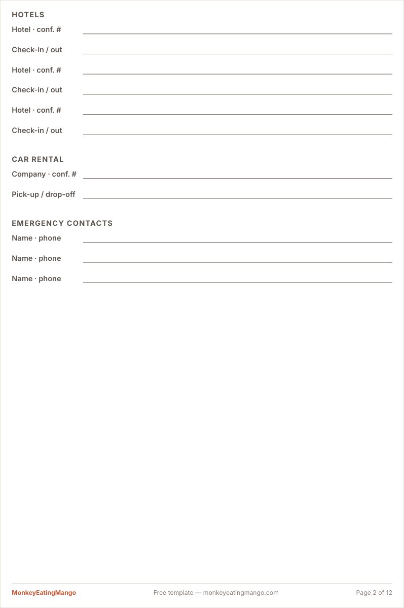 Printable trip overview and booking forms for flights, hotels and car rental