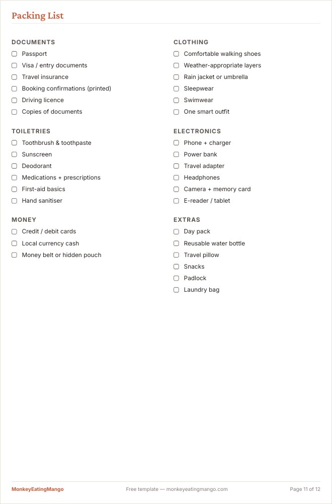 Printable two-column packing checklist with 33 items